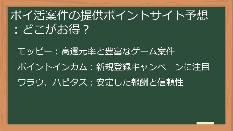 ポイ活案件の提供ポイントサイト予想：どこがお得？