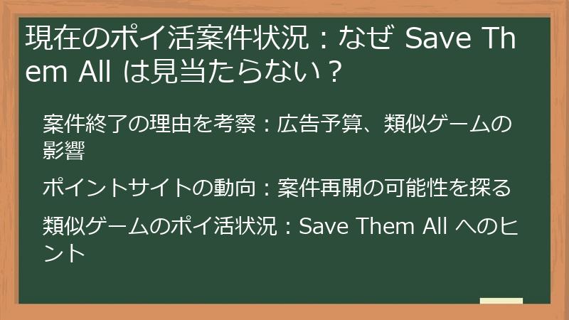 現在のポイ活案件状況：なぜ Save Them All は見当たらない？