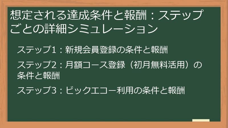 想定される達成条件と報酬：ステップごとの詳細シミュレーション