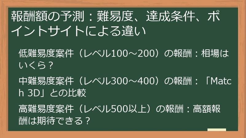 報酬額の予測：難易度、達成条件、ポイントサイトによる違い