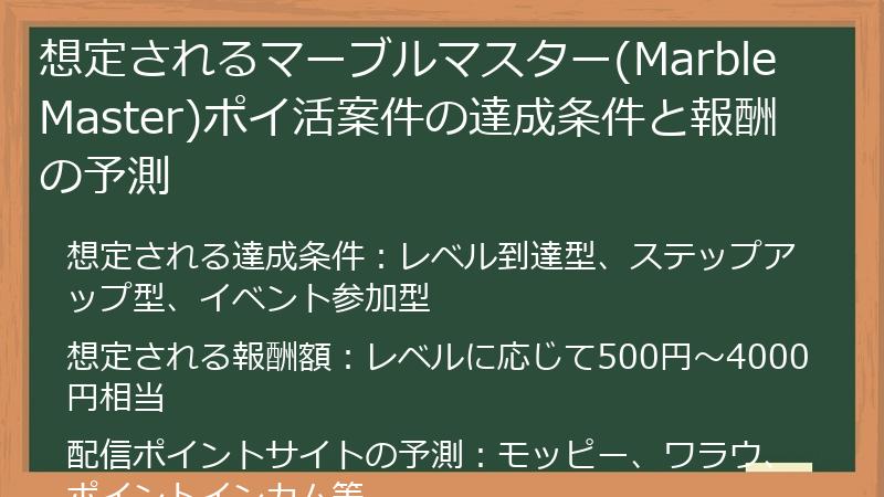 想定されるマーブルマスター(Marble Master)ポイ活案件の達成条件と報酬の予測