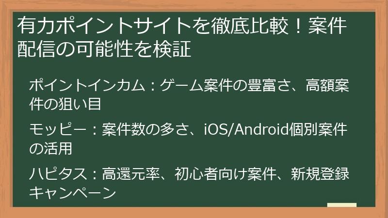 有力ポイントサイトを徹底比較!案件配信の可能性を検証