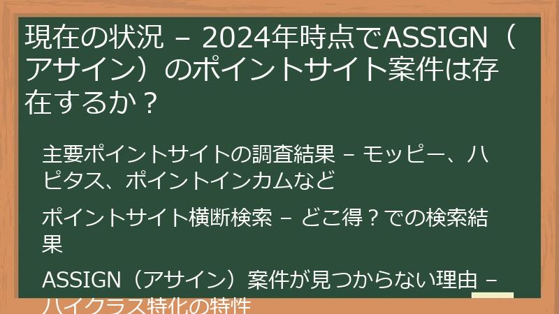 現在の状況 – 2024年時点でASSIGN（アサイン）のポイントサイト案件は存在するか？