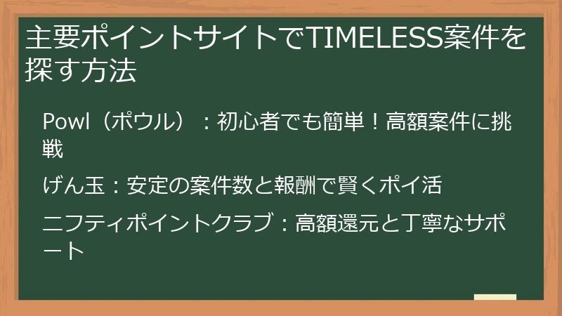 主要ポイントサイトでTIMELESS案件を探す方法