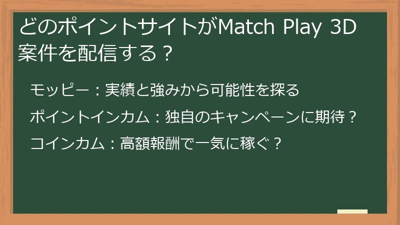 どのポイントサイトがMatch Play 3D案件を配信する？