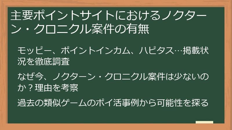 主要ポイントサイトにおけるノクターン・クロニクル案件の有無