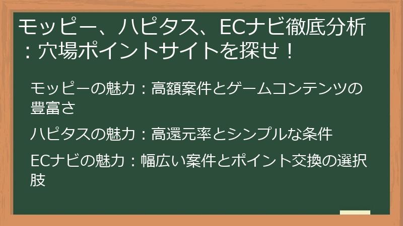モッピー、ハピタス、ECナビ徹底分析：穴場ポイントサイトを探せ！