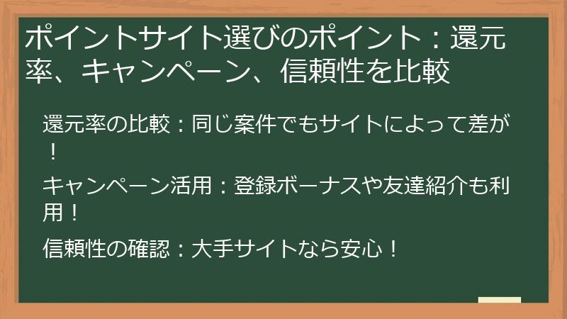 ポイントサイト選びのポイント:還元率、キャンペーン、信頼性を比較