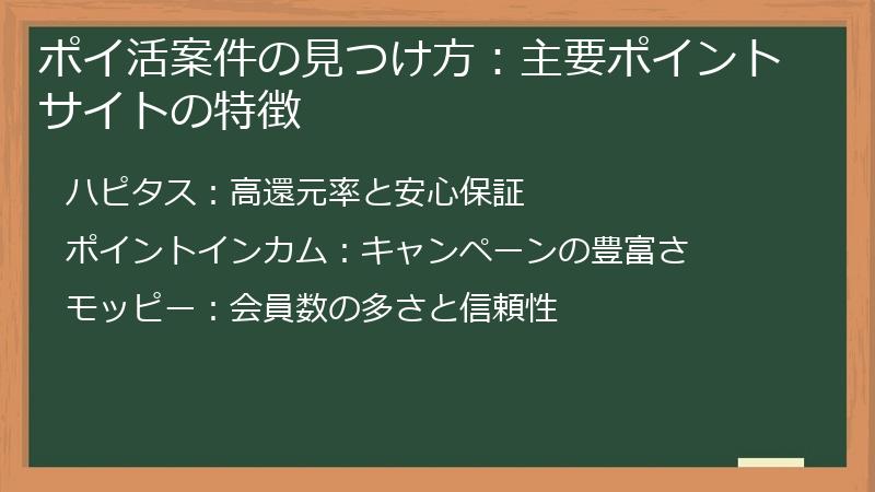 ポイ活案件の見つけ方：主要ポイントサイトの特徴