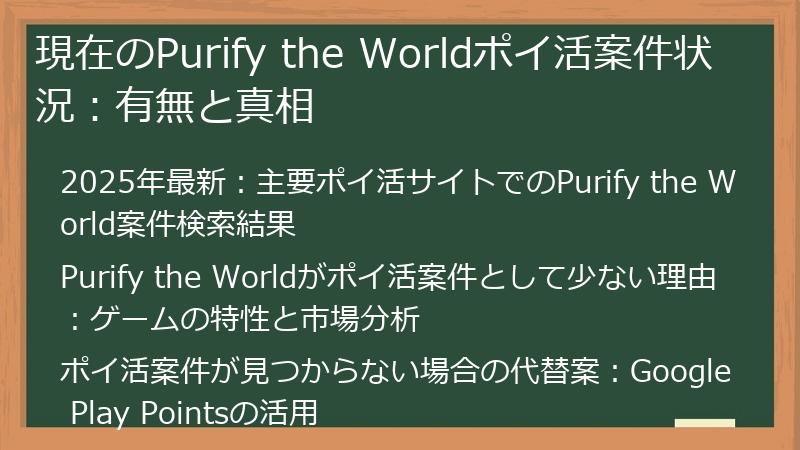 現在のPurify the Worldポイ活案件状況：有無と真相