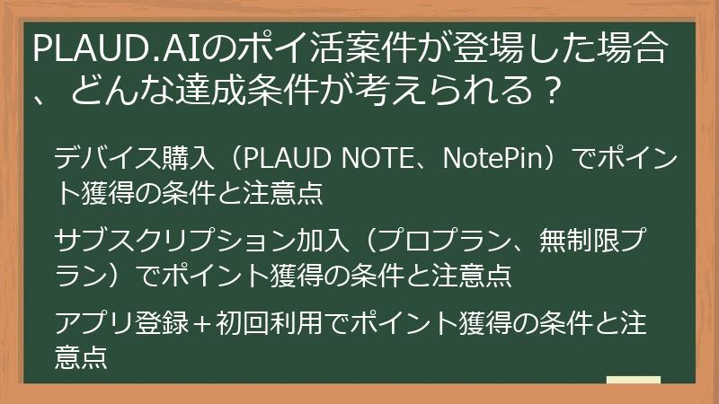 PLAUD.AIのポイ活案件が登場した場合、どんな達成条件が考えられる？