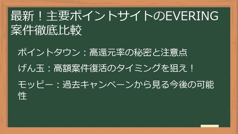 最新！主要ポイントサイトのEVERING案件徹底比較