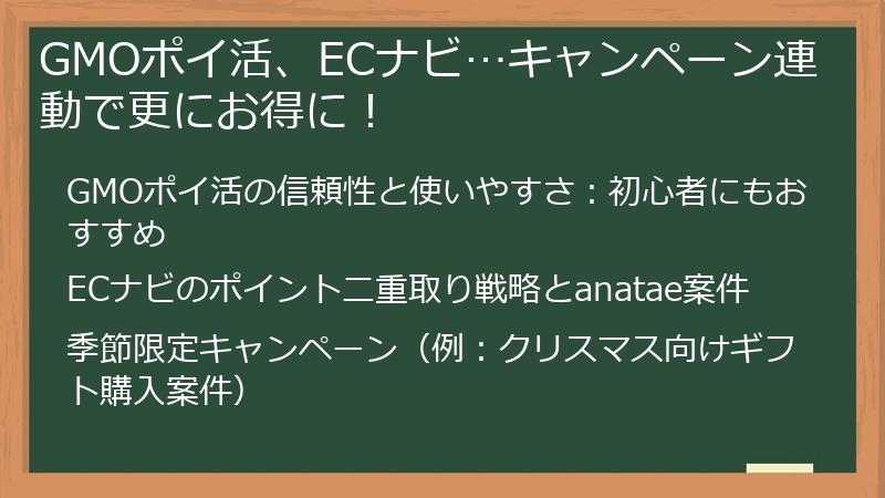 GMOポイ活、ECナビ…キャンペーン連動で更にお得に!