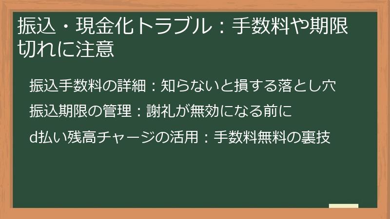 振込・現金化トラブル：手数料や期限切れに注意