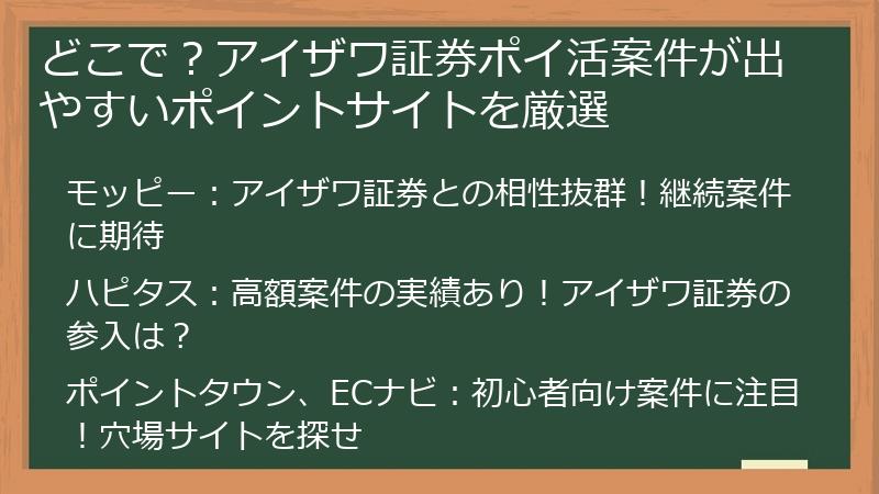 どこで？アイザワ証券ポイ活案件が出やすいポイントサイトを厳選
