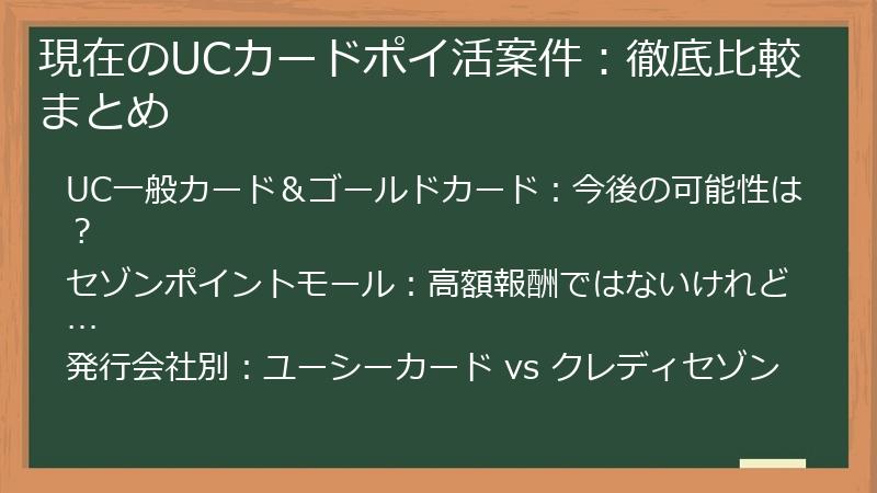 現在のUCカードポイ活案件：徹底比較まとめ