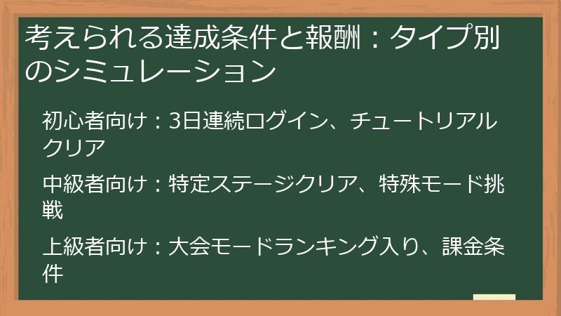 考えられる達成条件と報酬：タイプ別のシミュレーション