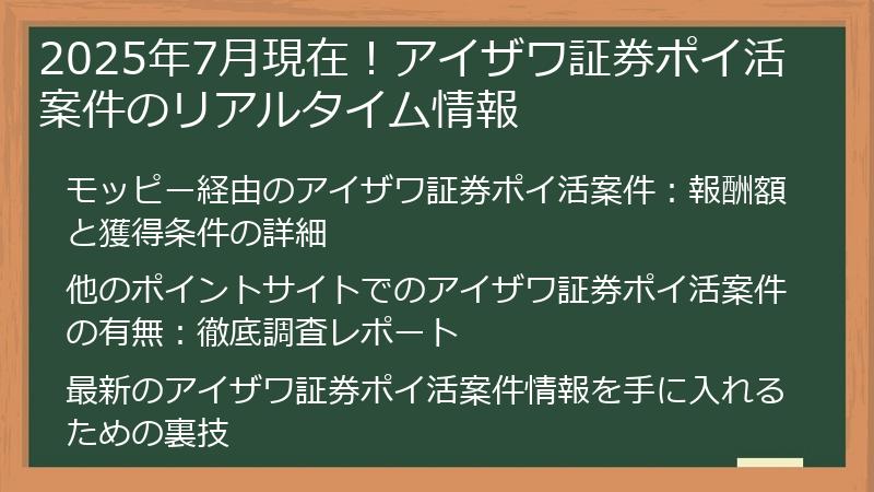2025年7月現在！アイザワ証券ポイ活案件のリアルタイム情報