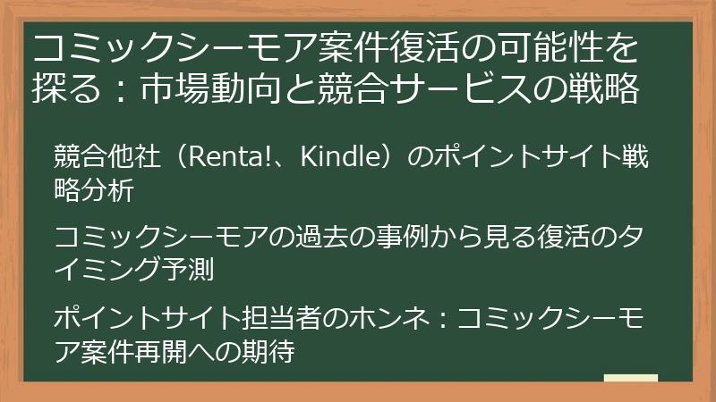 コミックシーモア案件復活の可能性を探る：市場動向と競合サービスの戦略