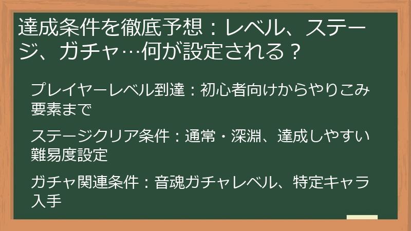 達成条件を徹底予想：レベル、ステージ、ガチャ…何が設定される？