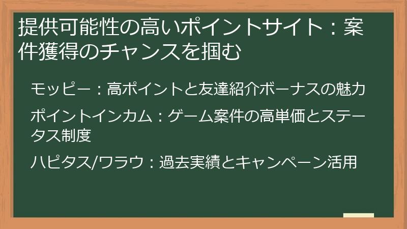 提供可能性の高いポイントサイト：案件獲得のチャンスを掴む