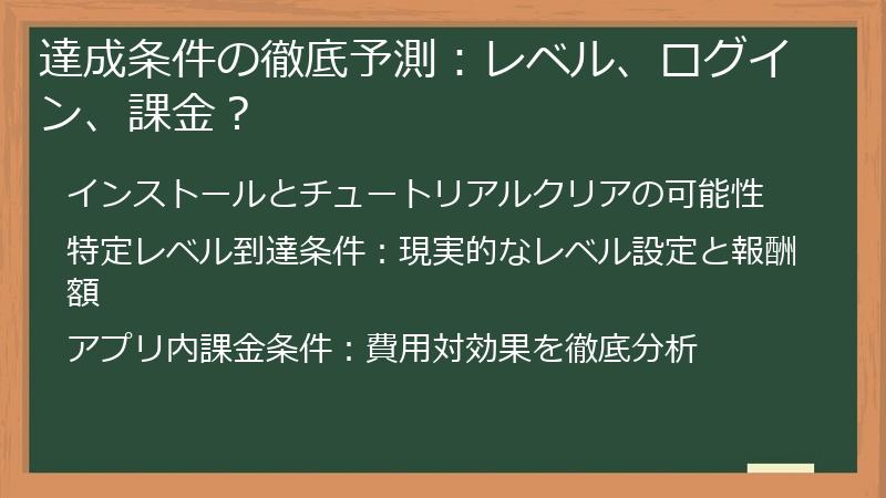 達成条件の徹底予測：レベル、ログイン、課金？