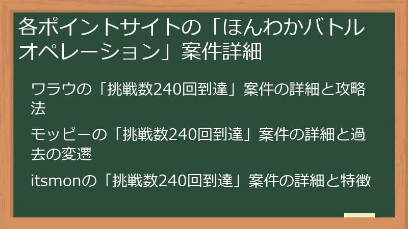 各ポイントサイトの「ほんわかバトルオペレーション」案件詳細