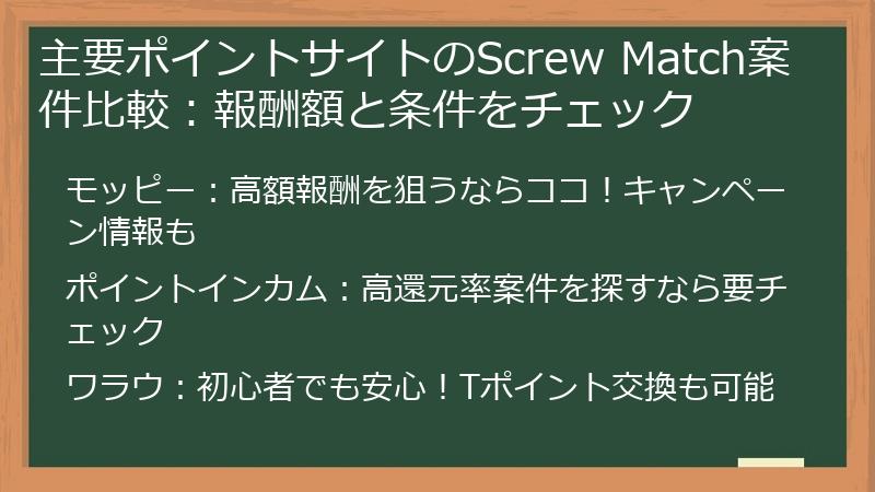 主要ポイントサイトのScrew Match案件比較：報酬額と条件をチェック
