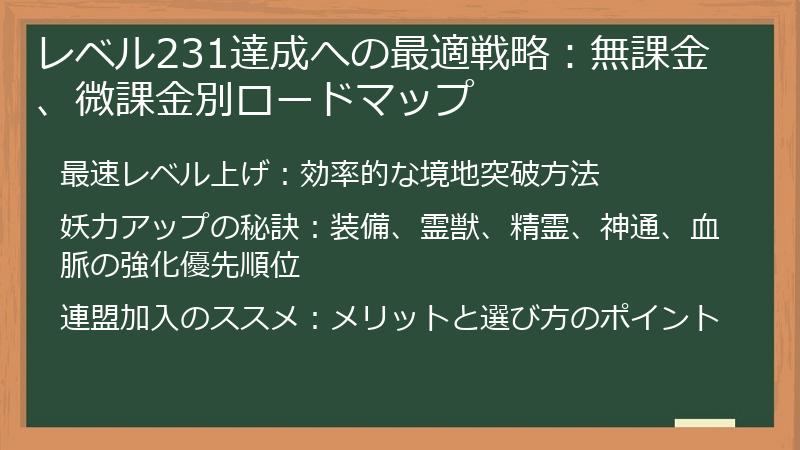 レベル231達成への最適戦略：無課金、微課金別ロードマップ
