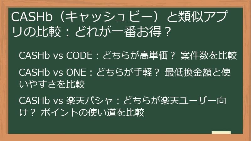 CASHb(キャッシュビー)と類似アプリの比較:どれが一番お得?