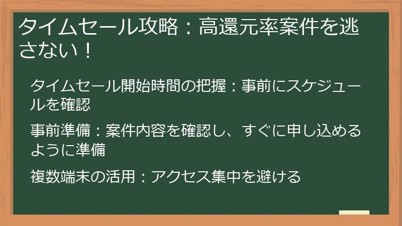タイムセール攻略：高還元率案件を逃さない！