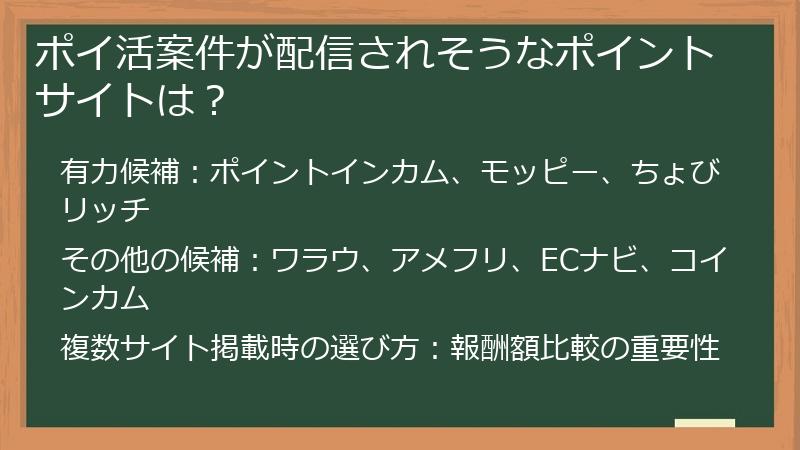 ポイ活案件が配信されそうなポイントサイトは?