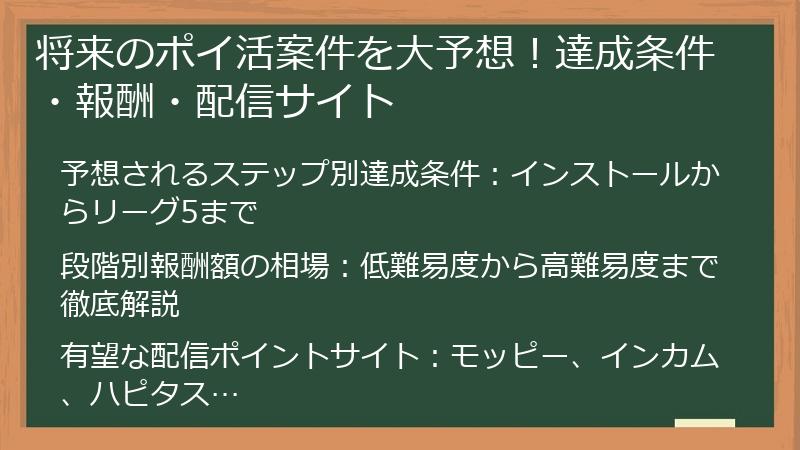 将来のポイ活案件を大予想！達成条件・報酬・配信サイト