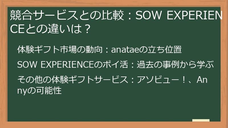 競合サービスとの比較：SOW EXPERIENCEとの違いは？
