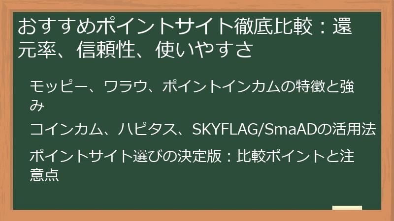 おすすめポイントサイト徹底比較:還元率、信頼性、使いやすさ