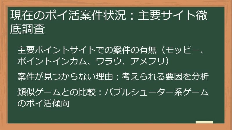 現在のポイ活案件状況：主要サイト徹底調査
