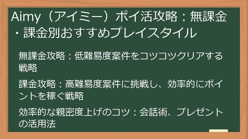 Aimy（アイミー）ポイ活攻略：無課金・課金別おすすめプレイスタイル
