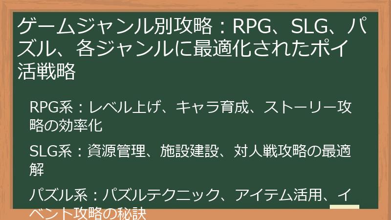 ゲームジャンル別攻略：RPG、SLG、パズル、各ジャンルに最適化されたポイ活戦略