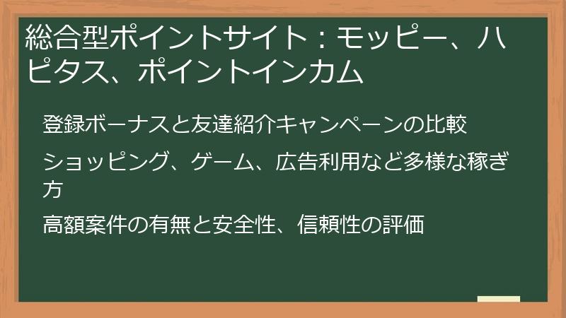 総合型ポイントサイト：モッピー、ハピタス、ポイントインカム