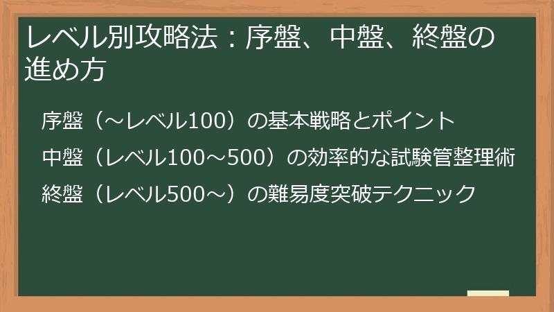 レベル別攻略法：序盤、中盤、終盤の進め方