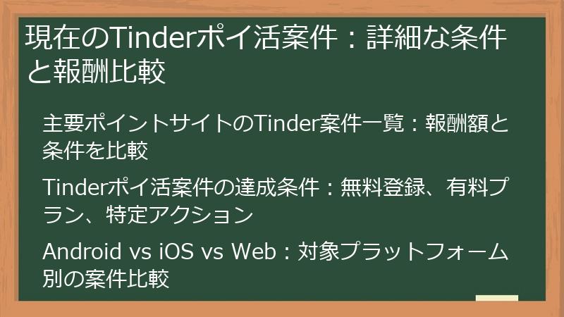 現在のTinderポイ活案件：詳細な条件と報酬比較