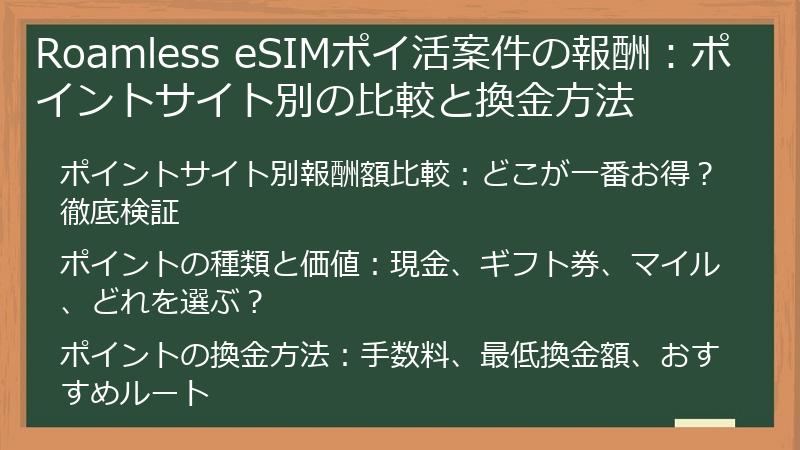 Roamless eSIMポイ活案件の報酬：ポイントサイト別の比較と換金方法