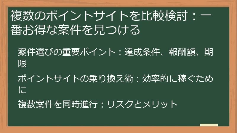 複数のポイントサイトを比較検討：一番お得な案件を見つける