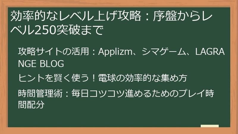 効率的なレベル上げ攻略：序盤からレベル250突破まで