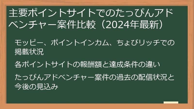 主要ポイントサイトでのたっぴんアドベンチャー案件比較（2024年最新）