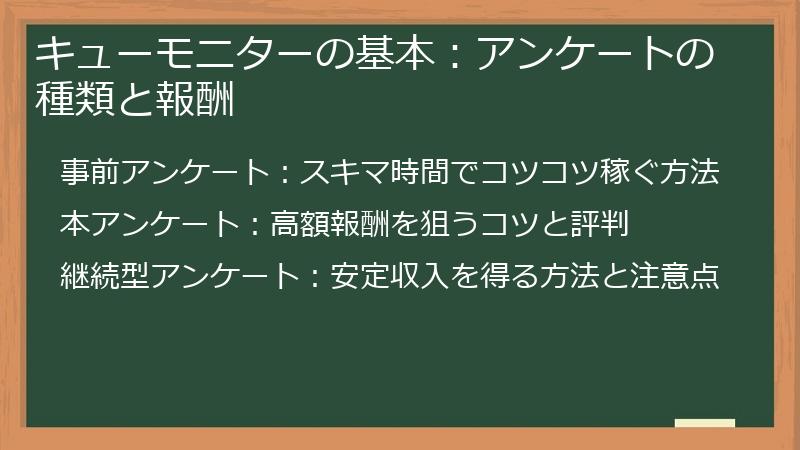キューモニターの基本：アンケートの種類と報酬