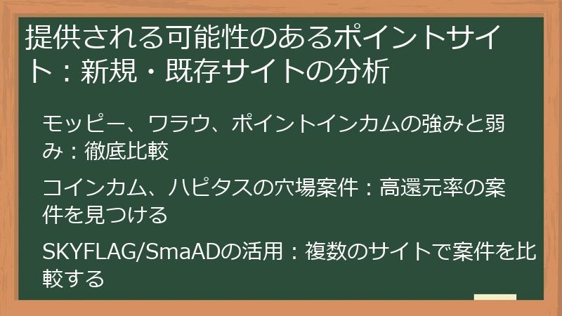 提供される可能性のあるポイントサイト：新規・既存サイトの分析