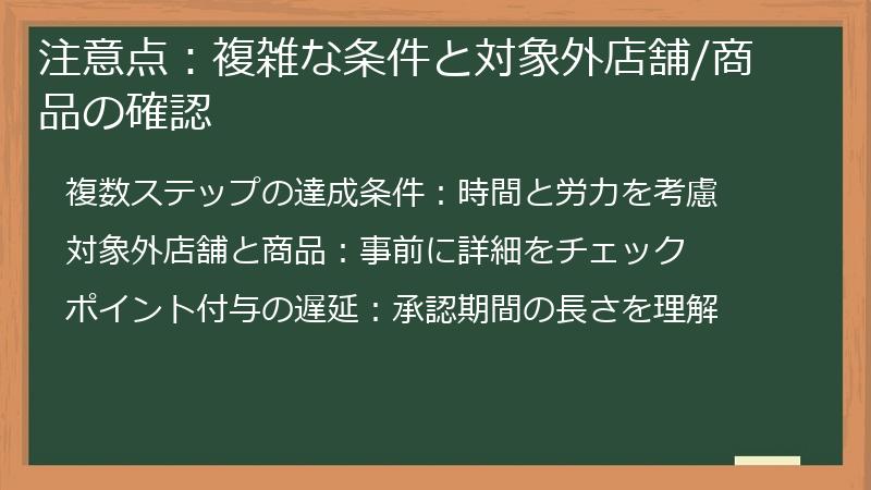 注意点：複雑な条件と対象外店舗/商品の確認