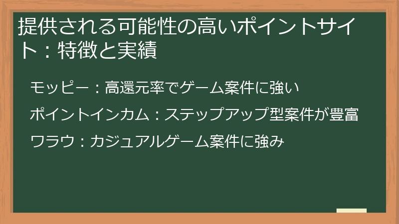 提供される可能性の高いポイントサイト：特徴と実績