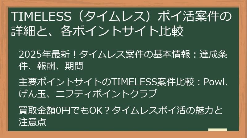 TIMELESS（タイムレス）ポイ活案件の詳細と、各ポイントサイト比較